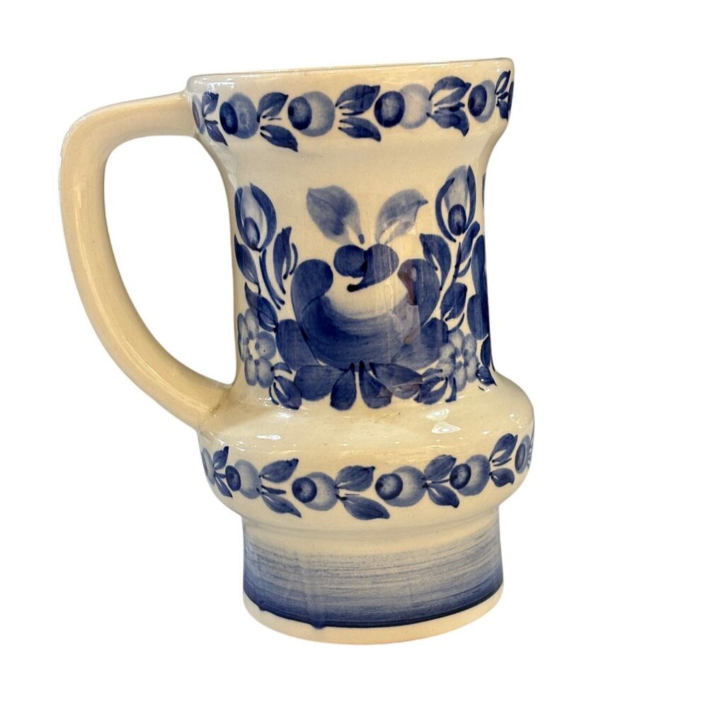 Polish pitcher 6 3/4” tall w handle marked ZF KOLO blue and white hand painted